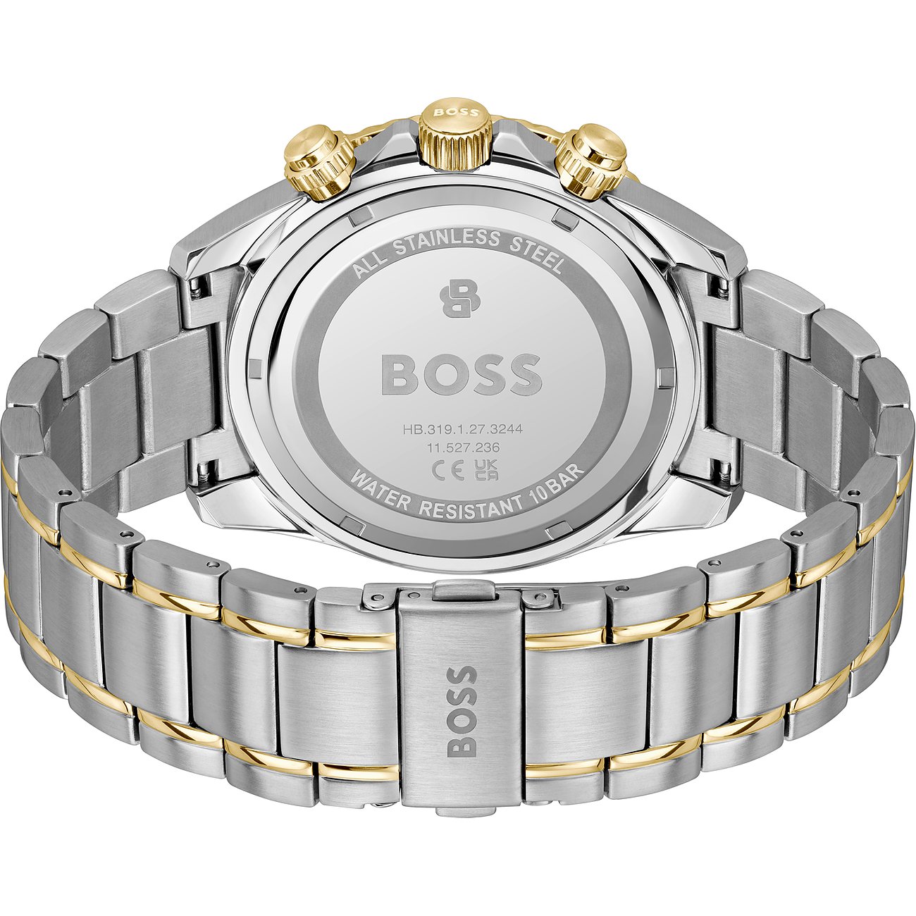 Rückseite einer Boss Herrenuhr aus silberfarbenem Edelstahl und goldenem Aluminiumband mit Gravuren wie 