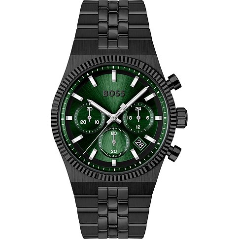 Close-up einer Boss Herrenuhr aus schwarzem Edelstahl mit einem grünen Zifferblatt und Chronographenfunktionen.
