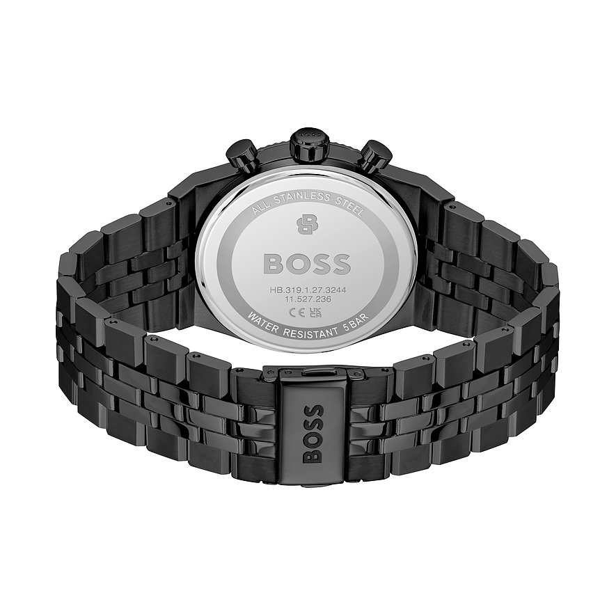 Die Rückseite einer schwarzen Boss Herrenuhr aus Edelstahl, mit Gravuren auf dem Gehäuseboden.
