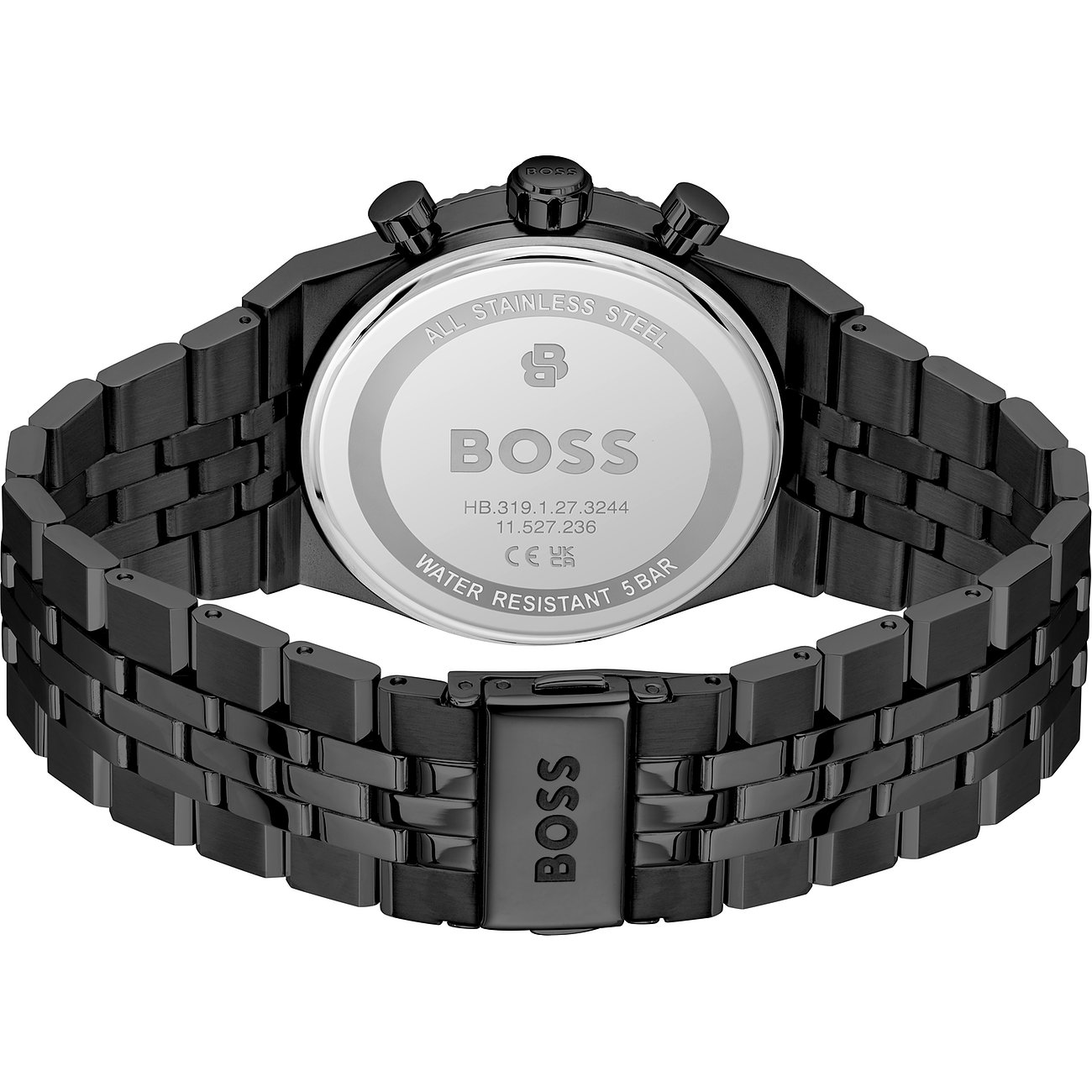Die Rückseite einer schwarzen Boss Herrenuhr aus Edelstahl, mit Gravuren auf dem Gehäuseboden.