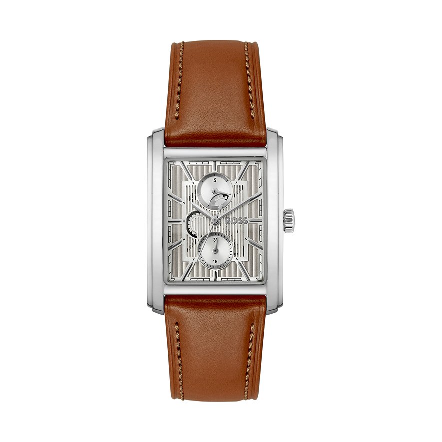 Boss Herrenuhr aus Edelstahl mit rechteckigem Zifferblatt und braunem Lederarmband, Ansicht von oben.