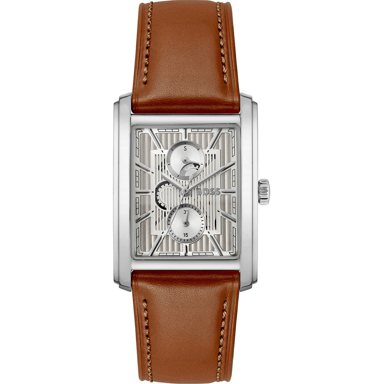 Boss Herrenuhr aus Edelstahl mit rechteckigem Zifferblatt und braunem Lederarmband, Ansicht von oben.
