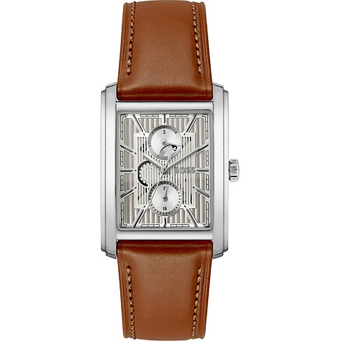 Boss Herrenuhr aus Edelstahl mit rechteckigem Zifferblatt und braunem Lederarmband, Ansicht von oben.