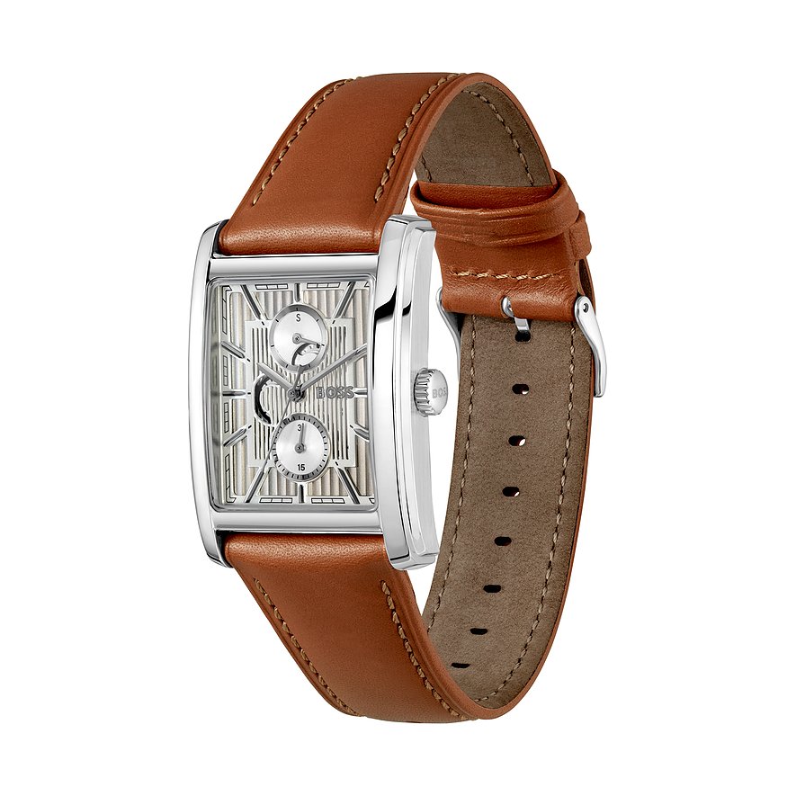 Boss Herrenuhr: Edelstahl, Silber, rechteckiges Gehäuse, braunes Lederarmband, silbernes Zifferblatt mit zwei Hilfszifferblättern.