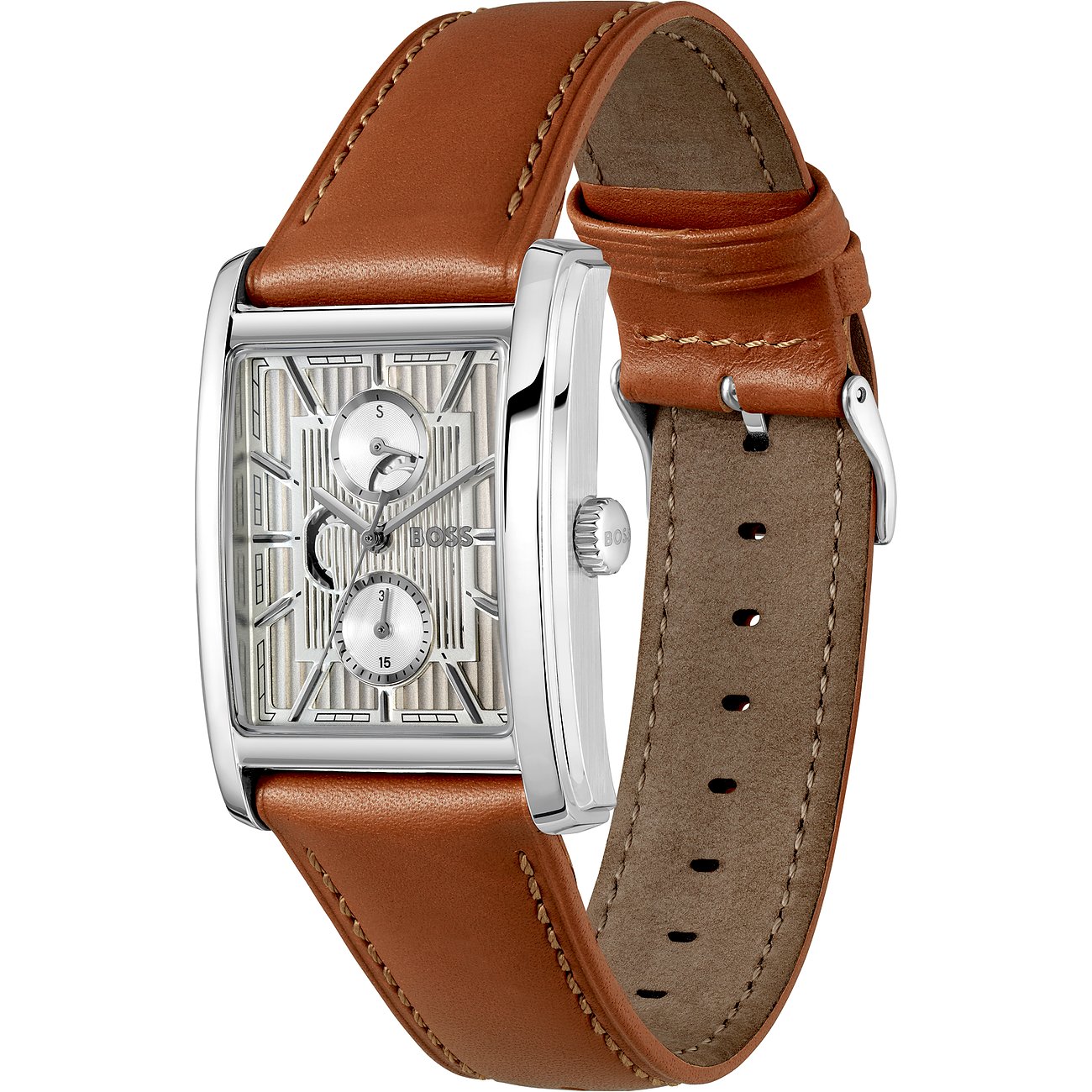 Boss Herrenuhr: Edelstahl, Silber, rechteckiges Gehäuse, braunes Lederarmband, silbernes Zifferblatt mit zwei Hilfszifferblättern.