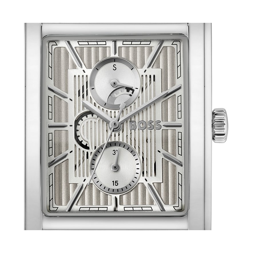 Nahaufnahme einer Boss Herrenuhr aus Edelstahl mit rechteckigem Zifferblatt und komplexen silbernen Details.