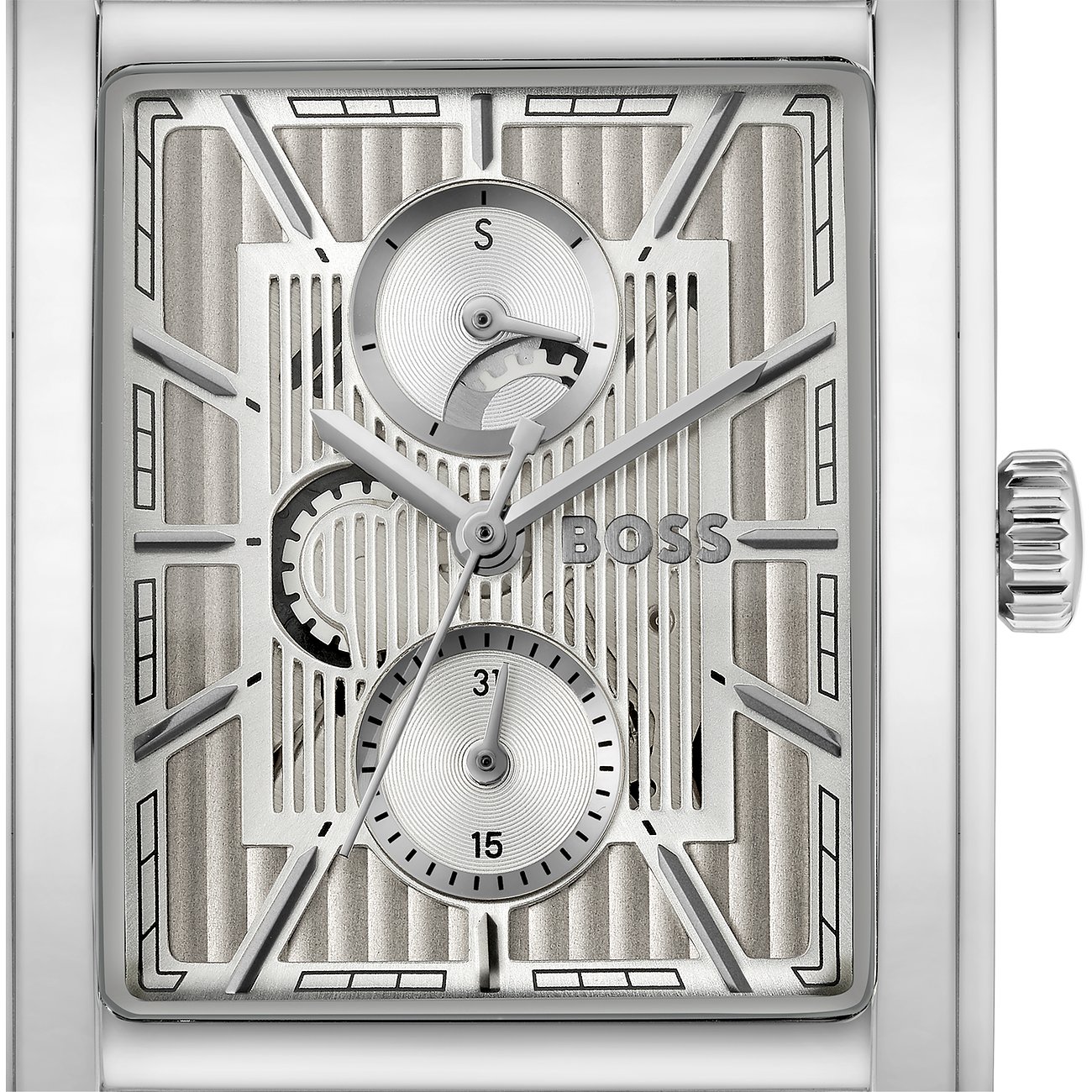 Nahaufnahme einer Boss Herrenuhr aus Edelstahl mit rechteckigem Zifferblatt und komplexen silbernen Details.