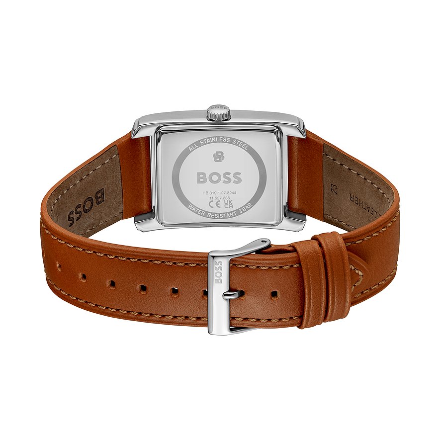 Rückansicht der Boss Herrenuhr aus Edelstahl mit eckigem Gehäuse und braunem Lederarmband, BOSS-Schriftzug auf Gehäuse und Schließe.