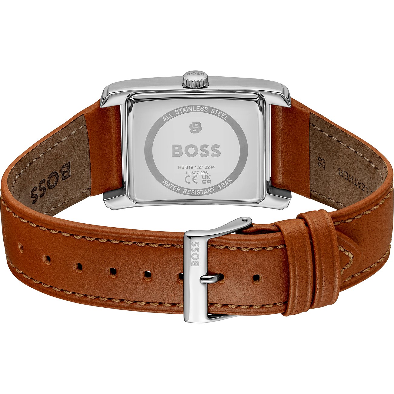 Rückansicht der Boss Herrenuhr aus Edelstahl mit eckigem Gehäuse und braunem Lederarmband, BOSS-Schriftzug auf Gehäuse und Schließe.