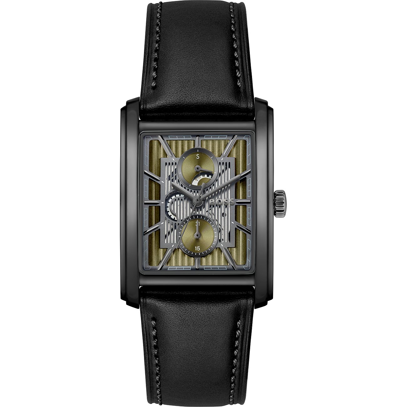 Boss Herrenuhr aus schwarzem Edelstahl mit rechteckigem Gehäuse und schwarzem Lederarmband.