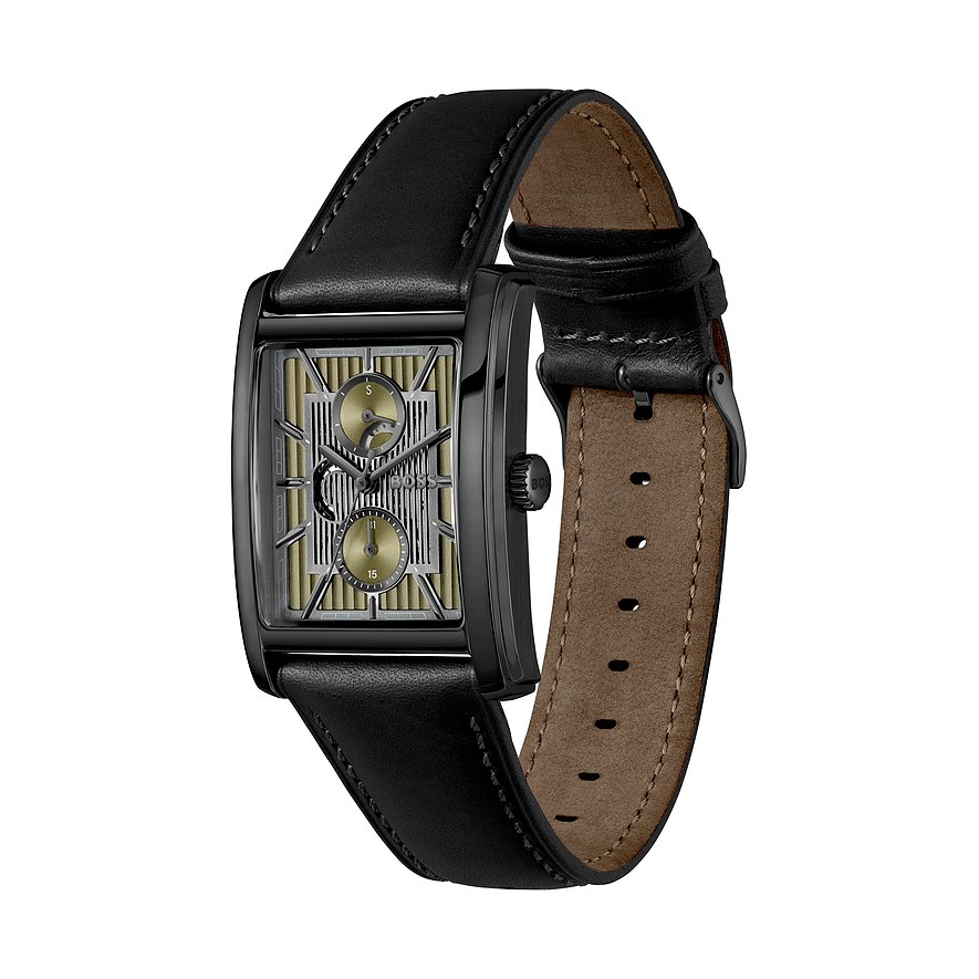 Rechteckige Boss Herrenuhr aus Edelstahl mit schwarzem Lederarmband und olive-grünem Zifferblatt, leicht schräg dargestellt.