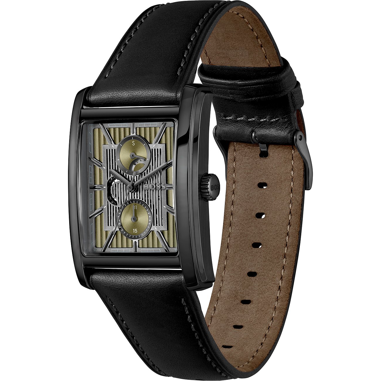 Rechteckige Boss Herrenuhr aus Edelstahl mit schwarzem Lederarmband und olive-grünem Zifferblatt, leicht schräg dargestellt.