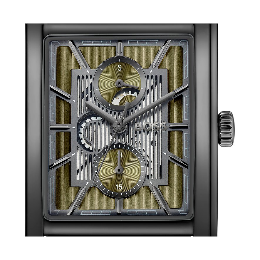 Boss Herrenuhr aus Edelstahl mit einem rechteckigen, offen gearbeiteten Zifferblatt in Gold und Grau.