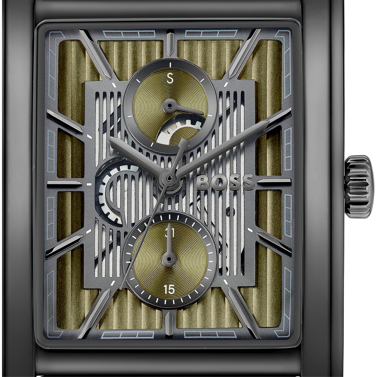Boss Herrenuhr aus Edelstahl mit einem rechteckigen, offen gearbeiteten Zifferblatt in Gold und Grau.