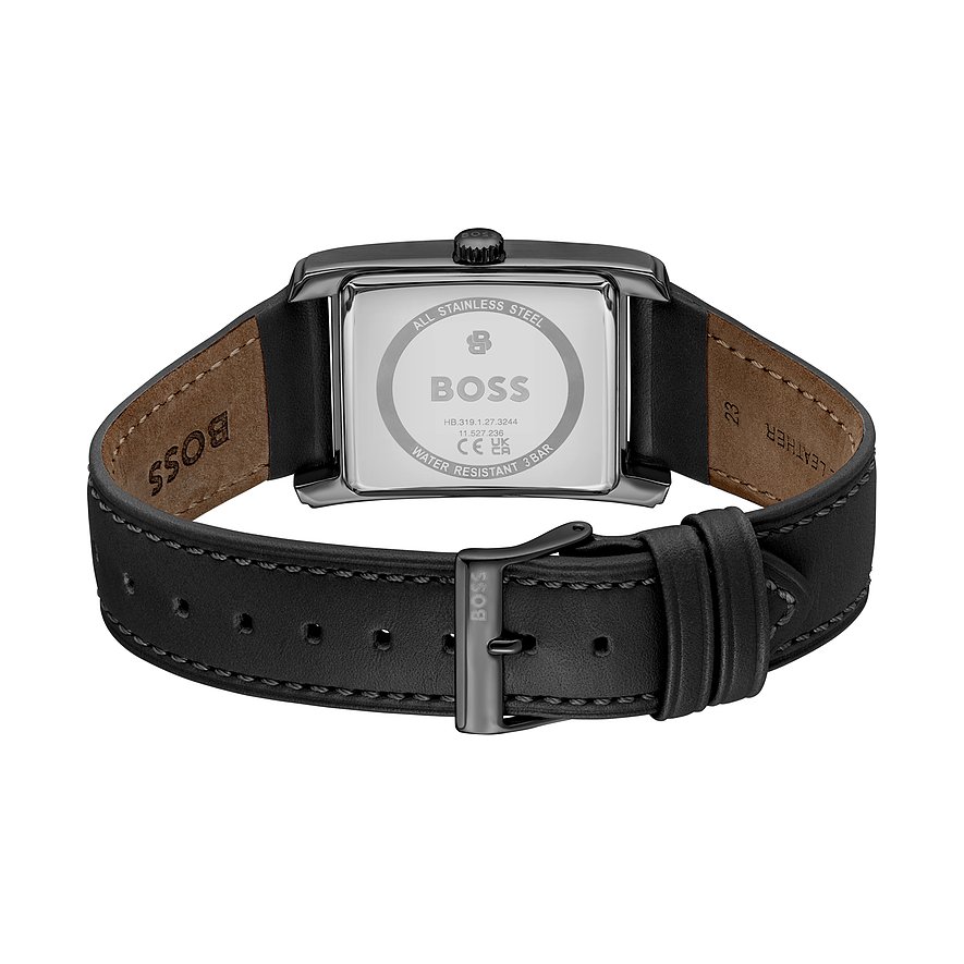 Rückseite einer rechteckigen Boss Herrenuhr aus schwarzem Edelstahl mit Lederarmband und eingeprägtem Logo.