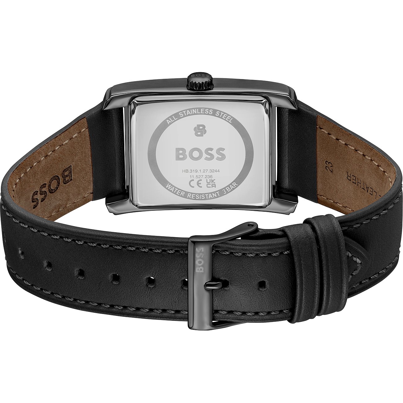 Rückseite einer rechteckigen Boss Herrenuhr aus schwarzem Edelstahl mit Lederarmband und eingeprägtem Logo.
