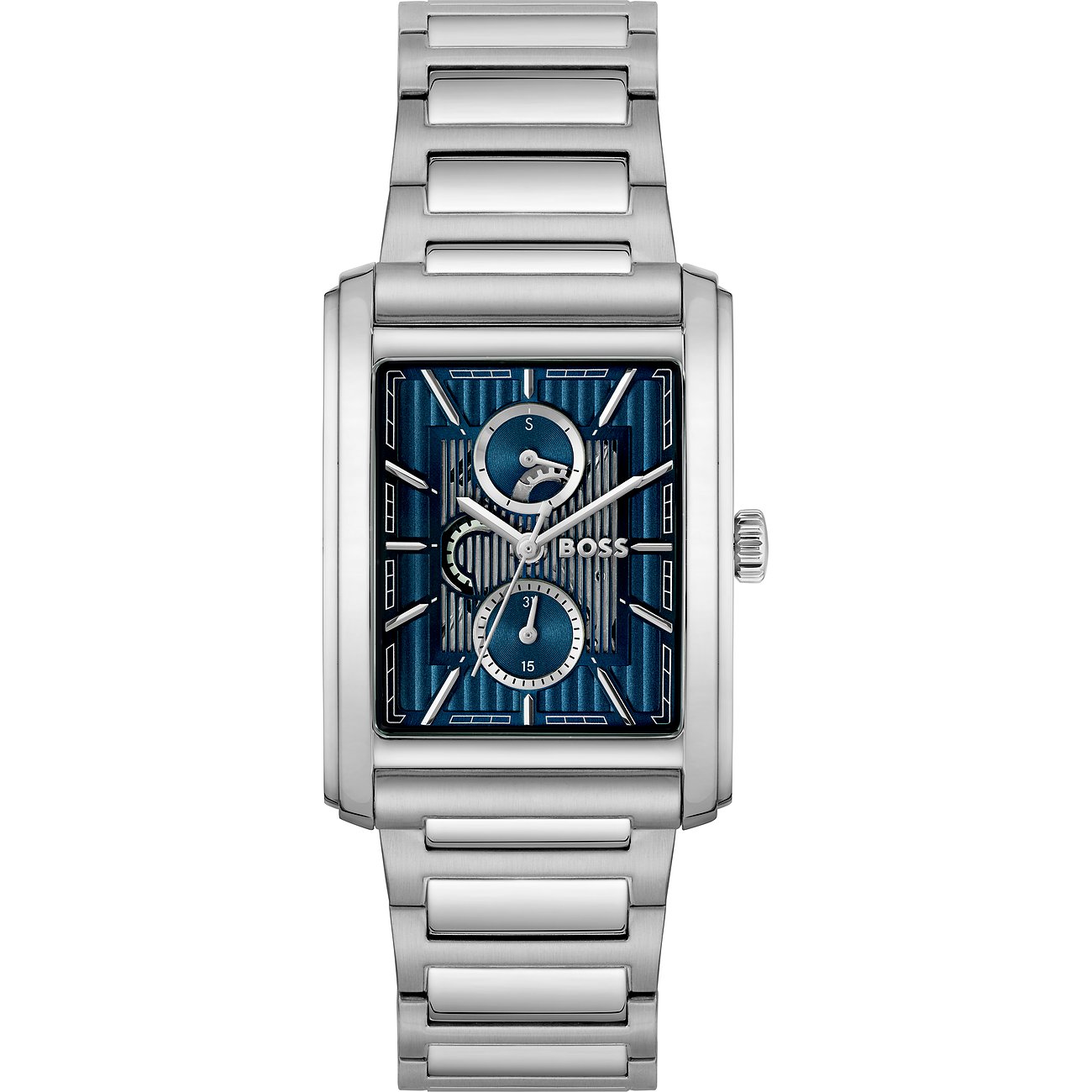 Boss Herrenuhr aus silberfarbenem Edelstahl mit rechteckigem blauem Zifferblatt und drei Hilfszifferblättern.