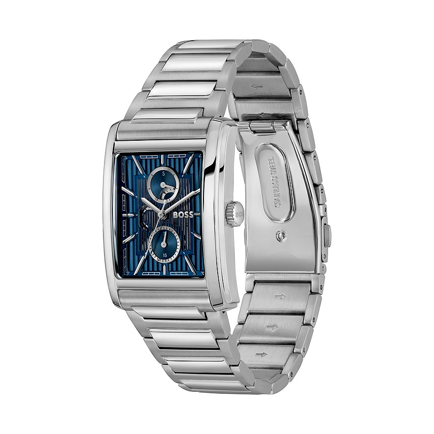 Glänzende Boss Herrenuhr aus silberfarbenem Edelstahl mit rechteckigem dunkelblauem Zifferblatt und Chronographen.