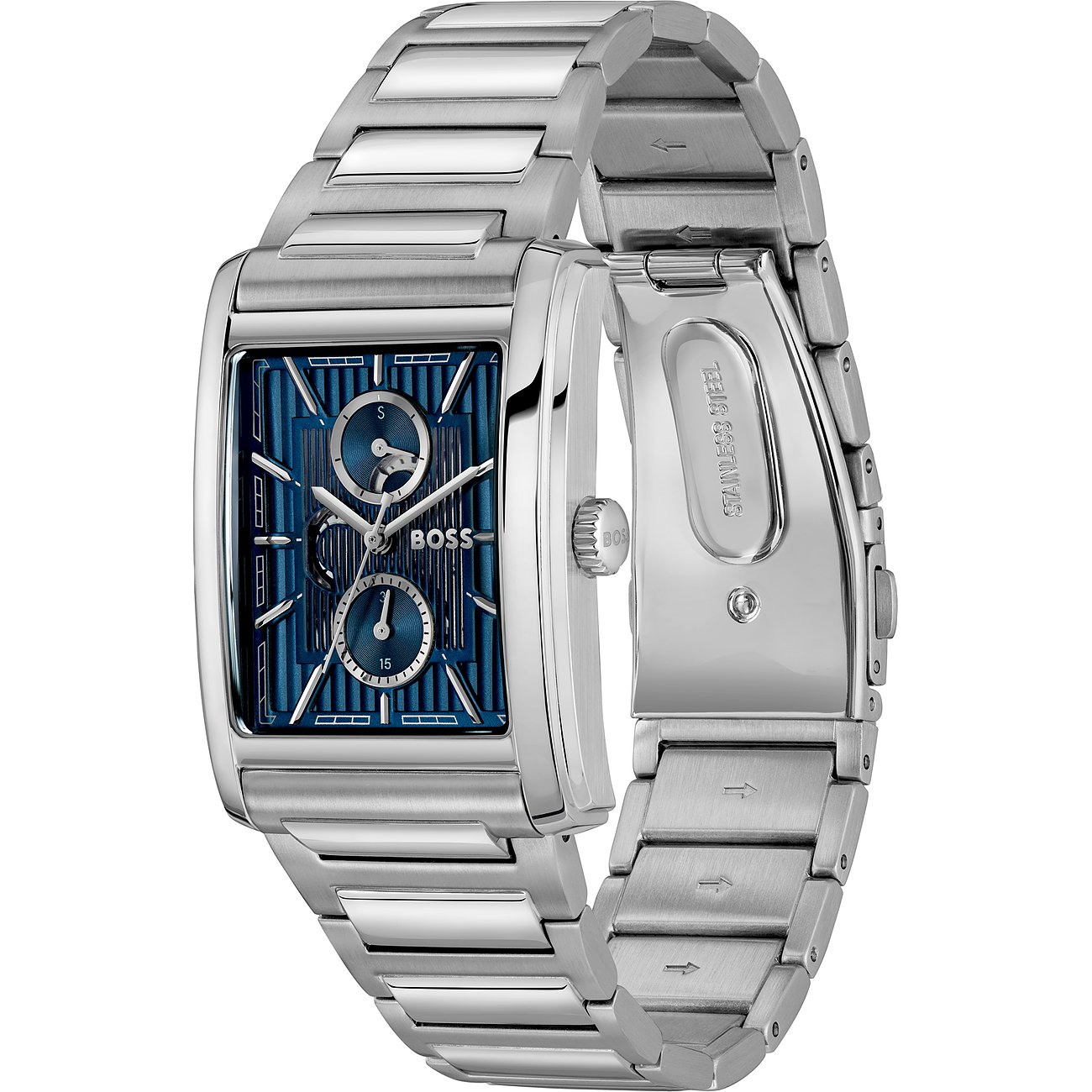 Glänzende Boss Herrenuhr aus silberfarbenem Edelstahl mit rechteckigem dunkelblauem Zifferblatt und Chronographen.