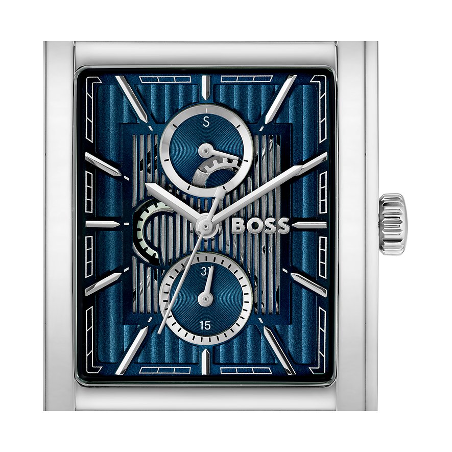 Detailansicht einer Boss Herrenuhr aus blauem Edelstahl mit rechteckigem Zifferblatt und silberfarbenen Akzenten.