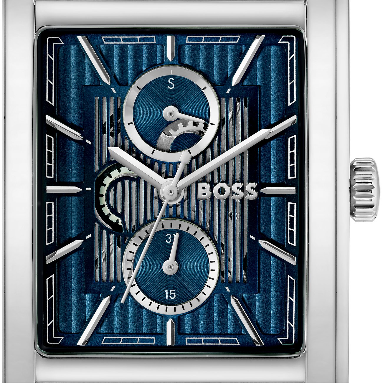 Detailansicht einer Boss Herrenuhr aus blauem Edelstahl mit rechteckigem Zifferblatt und silberfarbenen Akzenten.