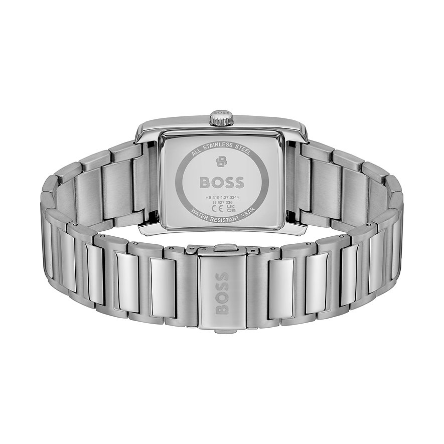 Rückansicht der Boss Herrenuhr aus silberfarbenem Edelstahl mit eingraviertem Boss-Logo auf dem Gehäuseboden und Armband.
