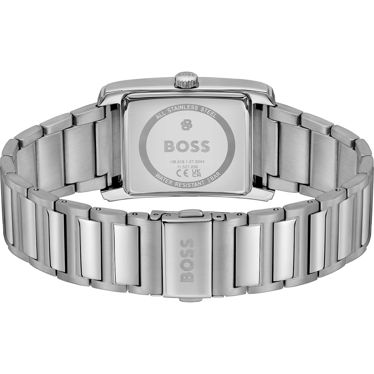 Rückansicht der Boss Herrenuhr aus silberfarbenem Edelstahl mit eingraviertem Boss-Logo auf dem Gehäuseboden und Armband.