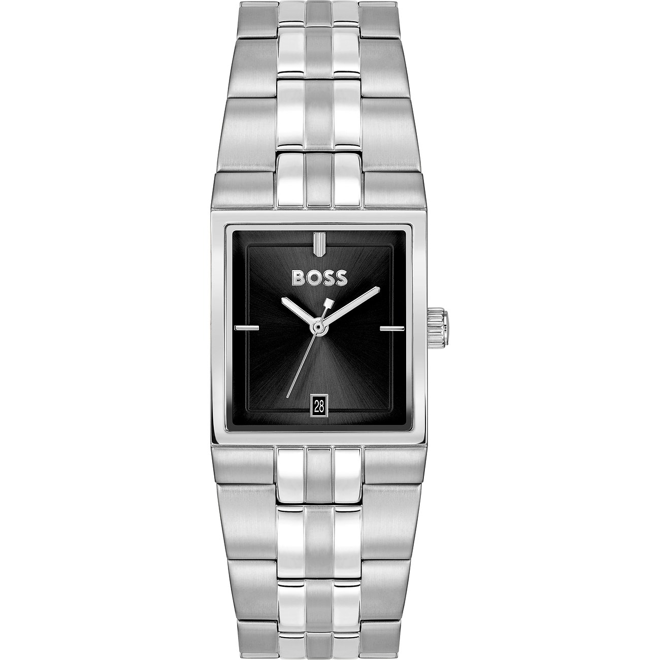 Boss Herrenuhr aus Edelstahl mit rechteckigem Zifferblatt und Datumsanzeige.