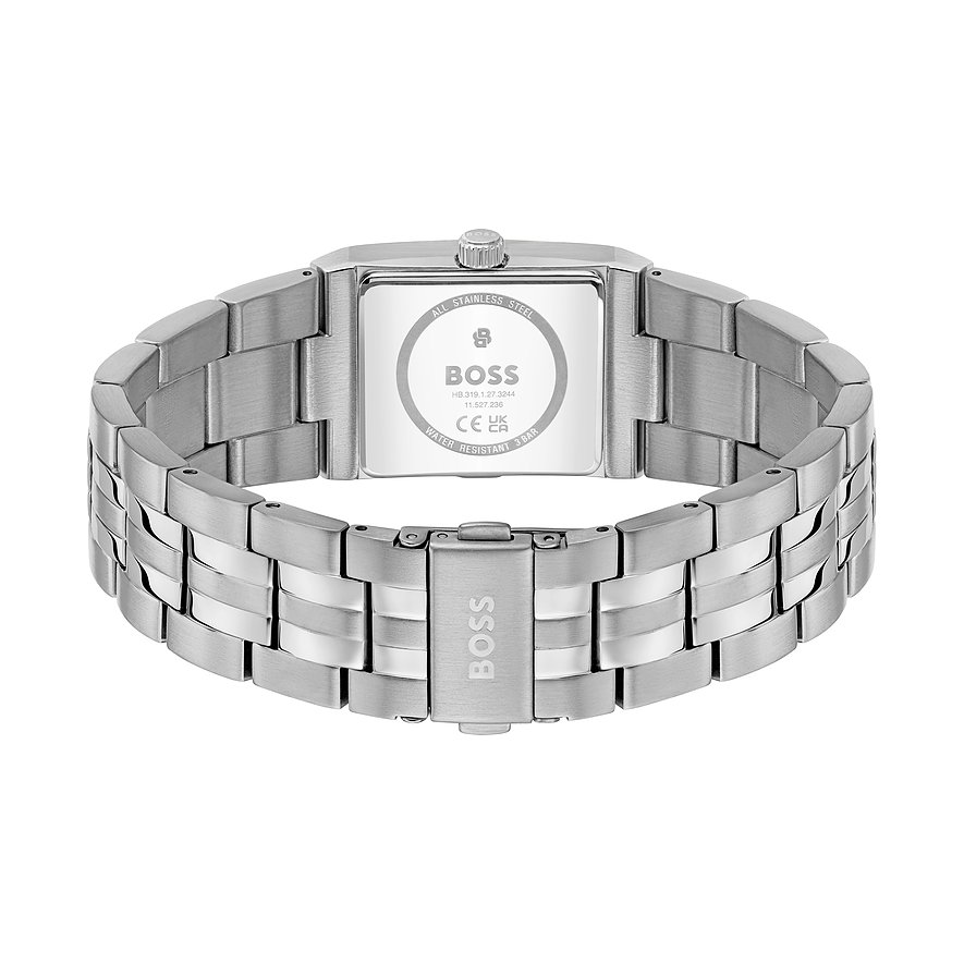 Rückseite einer Boss Herrenuhr aus silberfarbenem Edelstahl, die Details auf dem Gehäuseboden zeigt.