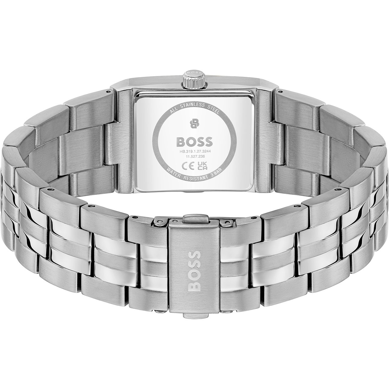Rückseite einer Boss Herrenuhr aus silberfarbenem Edelstahl, die Details auf dem Gehäuseboden zeigt.