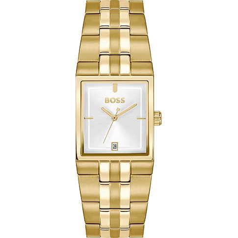 Die Boss Herrenuhr aus goldfarbenem Edelstahl ist eine rechteckige Uhr mit einem silbernen Zifferblatt und Datumsanzeige.