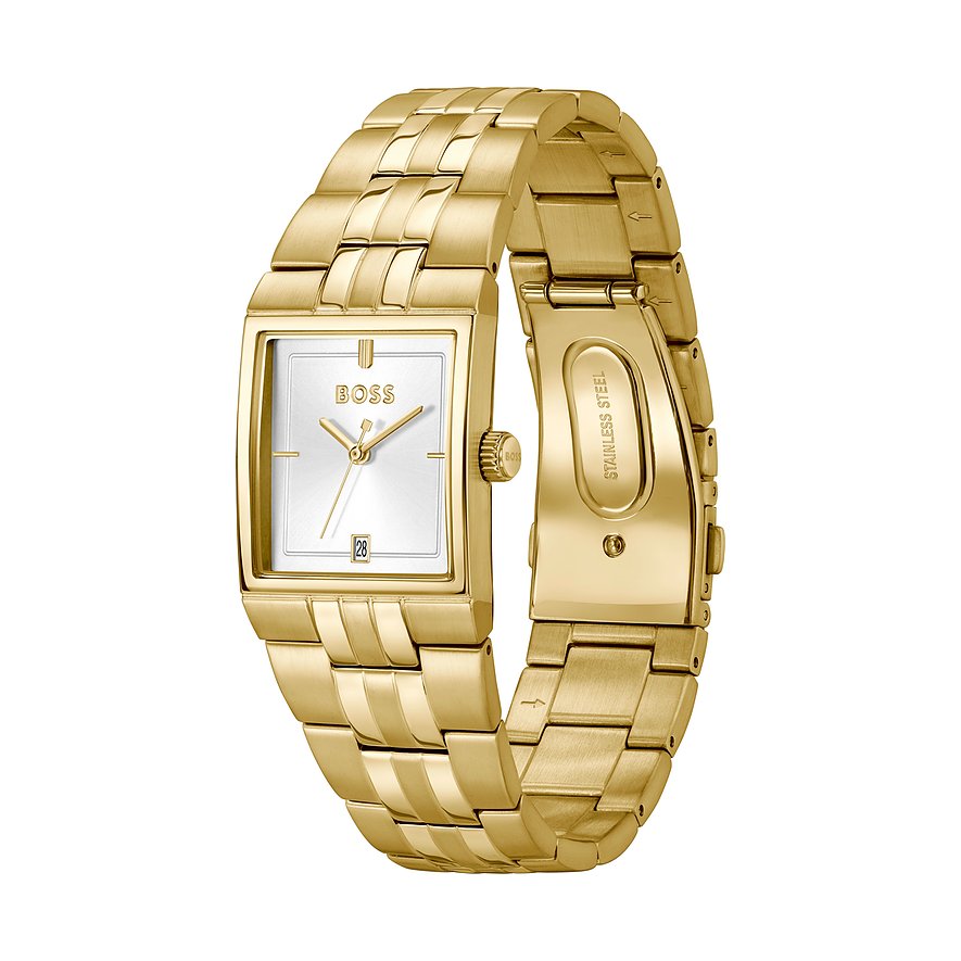 Nahaufnahme einer Boss Herrenuhr aus goldfarbenem Edelstahl mit eckigem Zifferblatt und Datumsanzeige.