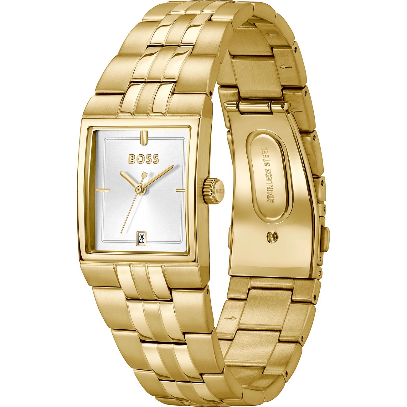 Nahaufnahme einer Boss Herrenuhr aus goldfarbenem Edelstahl mit eckigem Zifferblatt und Datumsanzeige.