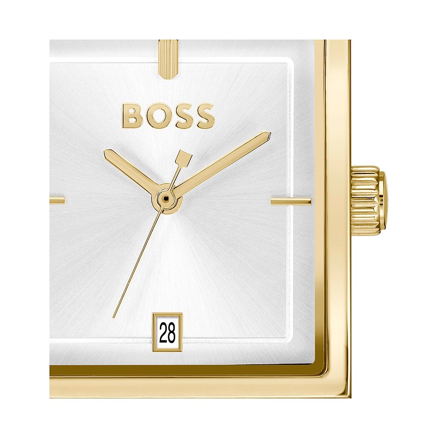 Nahaufnahme der goldenen Boss Herrenuhr aus Edelstahl mit rechteckigem Zifferblatt und Datumsanzeige.