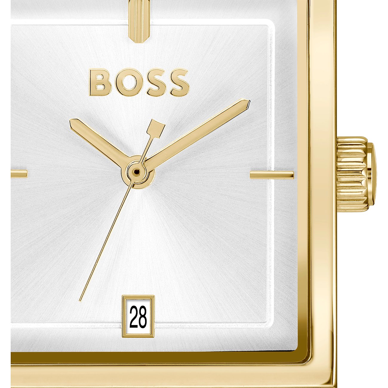 Nahaufnahme der goldenen Boss Herrenuhr aus Edelstahl mit rechteckigem Zifferblatt und Datumsanzeige.