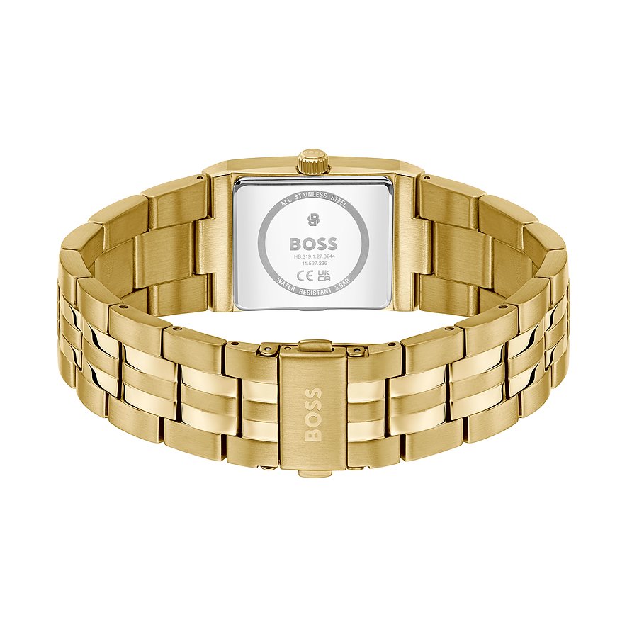 Rückansicht einer goldenen Boss Herrenuhr aus Edelstahl, die das Zifferblatt und das Verschlussdetail zeigt.