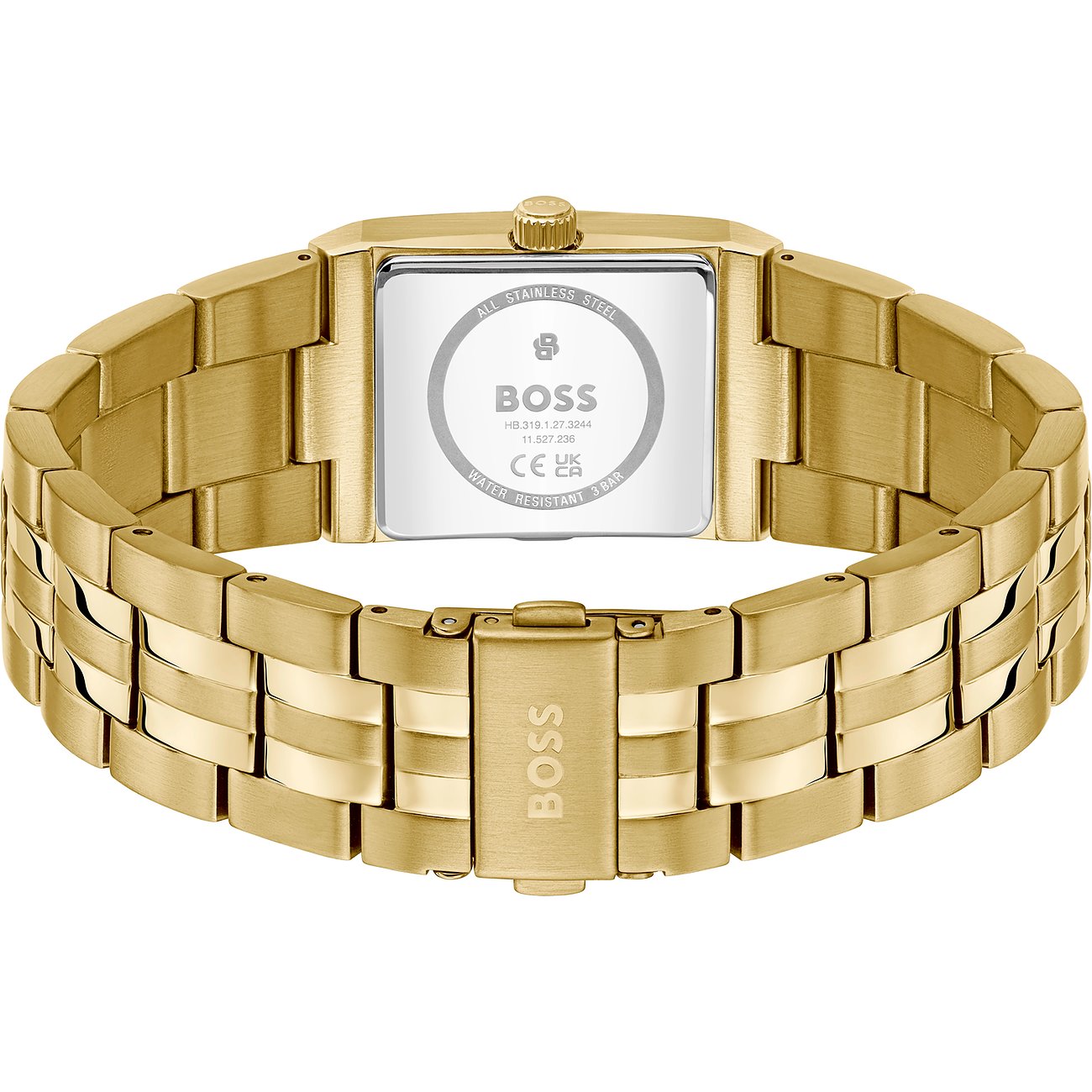 Rückansicht einer goldenen Boss Herrenuhr aus Edelstahl, die das Zifferblatt und das Verschlussdetail zeigt.
