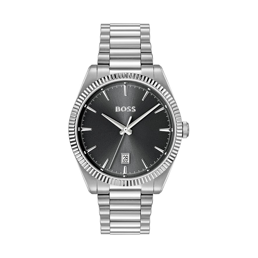 Eine Boss Herrenuhr aus silberfarbenem Edelstahl mit geriffeltem Gehäuserand und dunkelgrauem Zifferblatt.