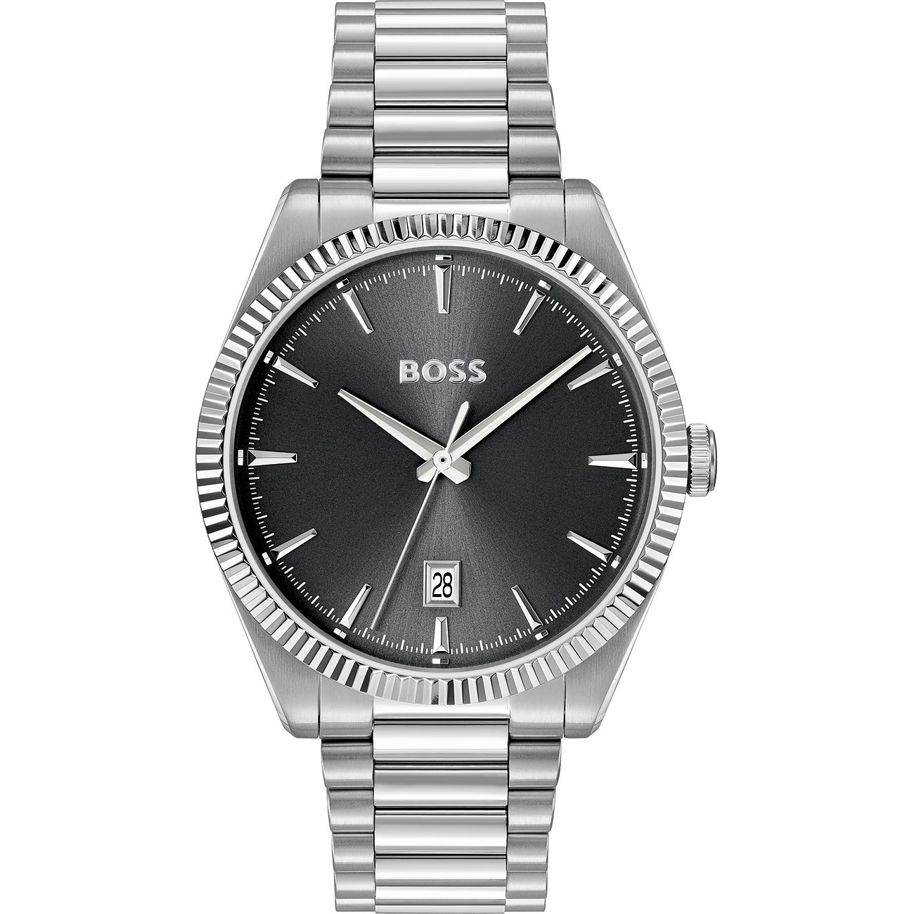 Eine Boss Herrenuhr aus silberfarbenem Edelstahl mit geriffeltem Gehäuserand und dunkelgrauem Zifferblatt.