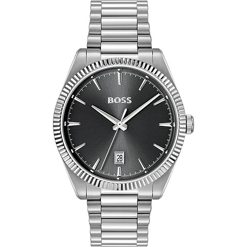Eine Boss Herrenuhr aus silberfarbenem Edelstahl mit geriffeltem Gehäuserand und dunkelgrauem Zifferblatt.