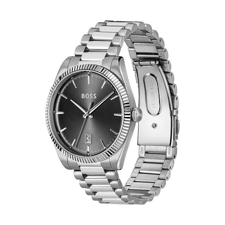 Boss Herrenuhr aus Edelstahl mit dunklem Zifferblatt, Datumsanzeige und poliertem Gliederarmband.