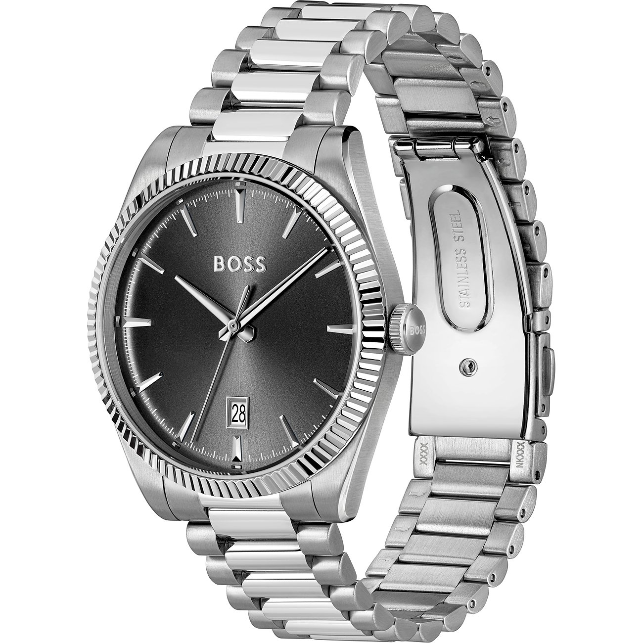 Boss Herrenuhr aus Edelstahl mit dunklem Zifferblatt, Datumsanzeige und poliertem Gliederarmband.