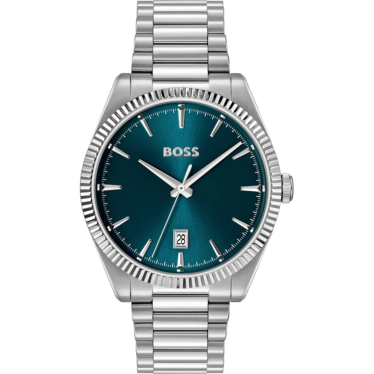 Boss Herrenuhr aus silberfarbenem Edelstahl mit türkisfarbenem Zifferblatt und Datum auf der Sechs-Uhr-Position.