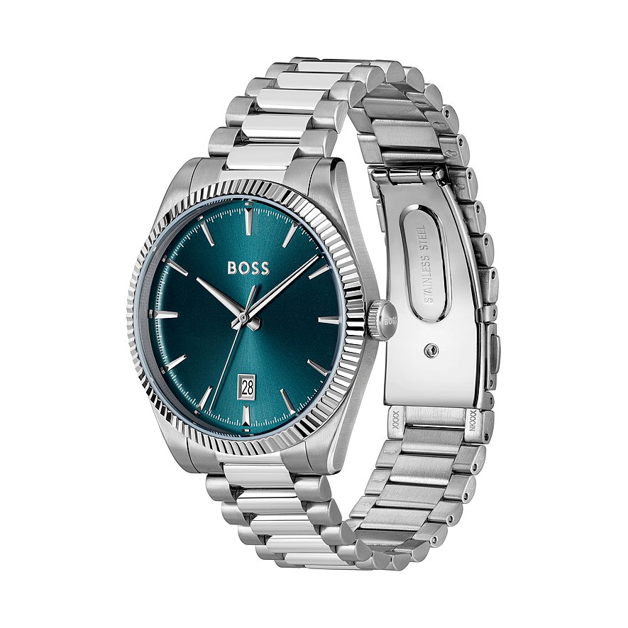 Herrenuhr von Boss aus silberfarbenem Edelstahl mit dunkelgrünem Zifferblatt und Datumsanzeige, schräg von oben.