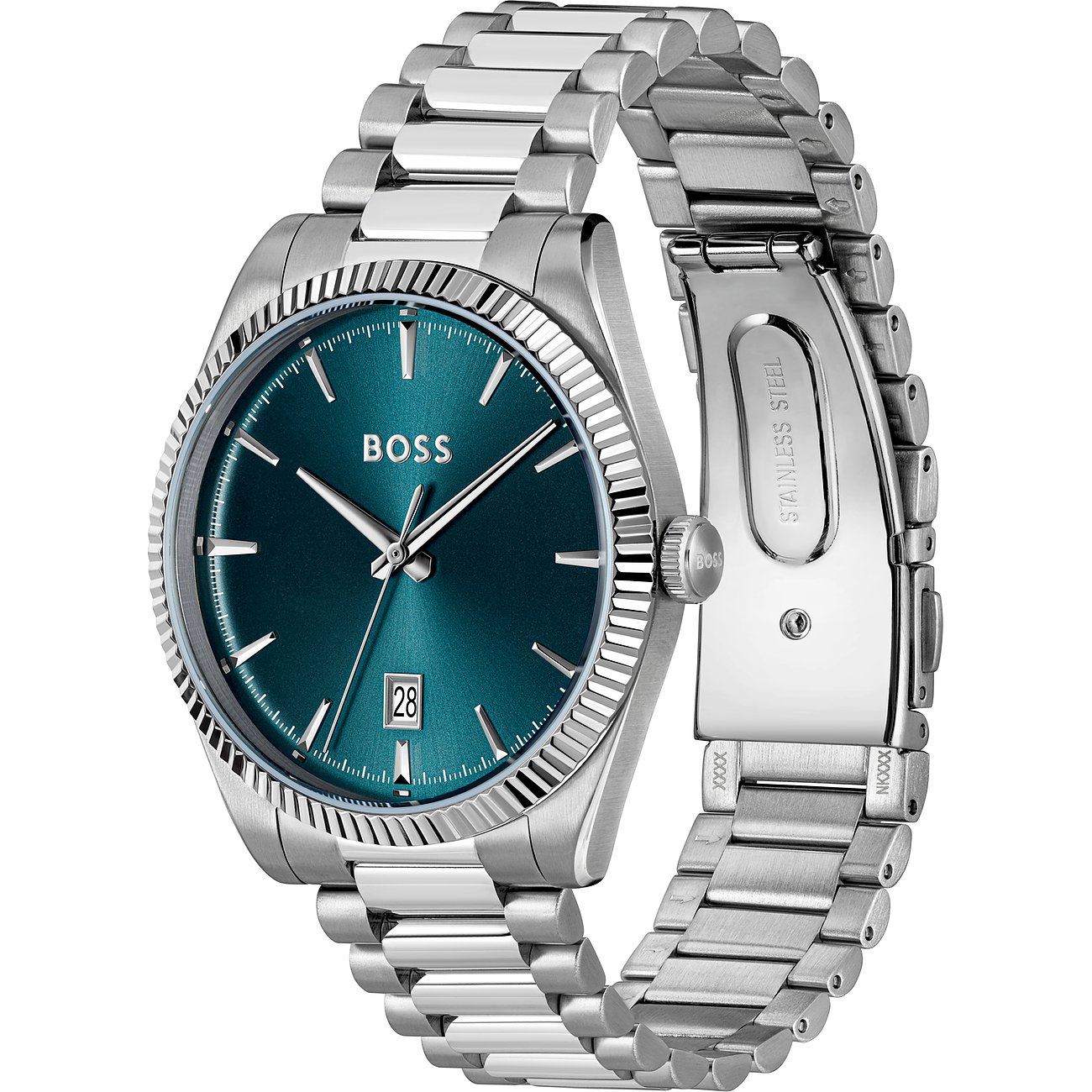 Herrenuhr von Boss aus silberfarbenem Edelstahl mit dunkelgrünem Zifferblatt und Datumsanzeige, schräg von oben.