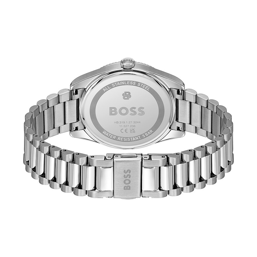 Rückansicht der Herrenuhr von Boss aus Edelstahl mit eingraviertem Boss-Logo, Seriennummer und Wasserdichtigkeit.