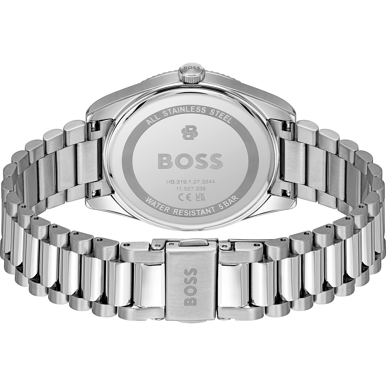 Rückansicht der Herrenuhr von Boss aus Edelstahl mit eingraviertem Boss-Logo, Seriennummer und Wasserdichtigkeit.