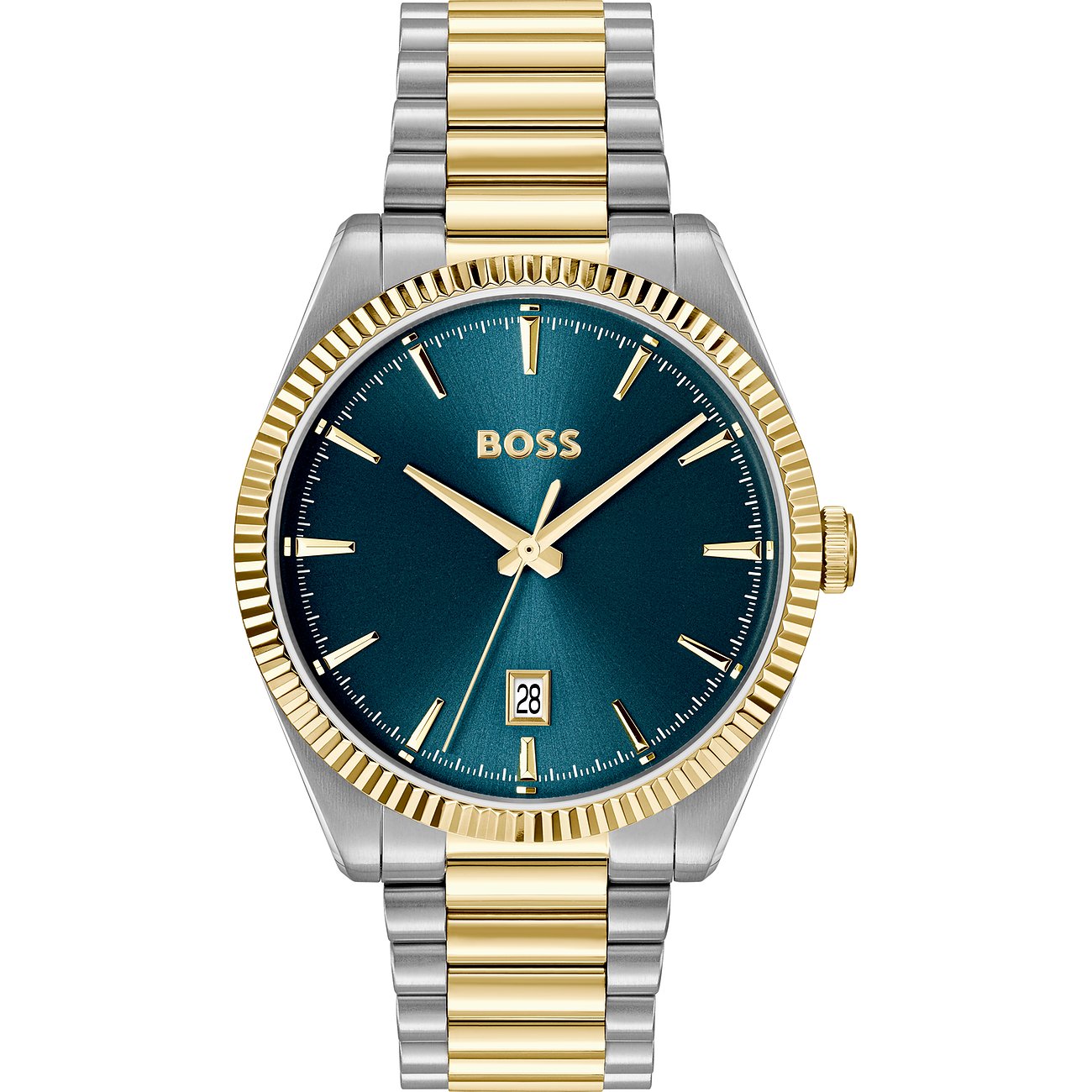 Boss Herrenuhr aus Edelstahl mit silber- und goldfarbenem Armband und türkisblauem Zifferblatt auf weißem Hintergrund.