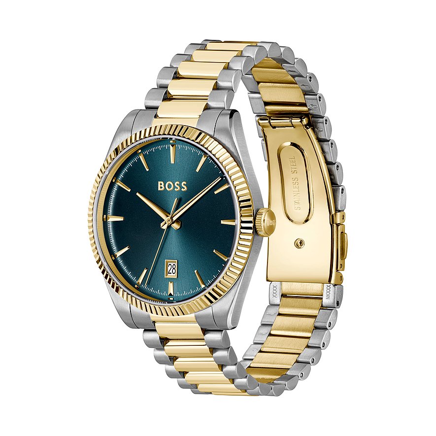 Boss Herrenuhr aus Edelstahl mit goldenen Akzenten und türkisem Zifferblatt, schräg von oben rechts.