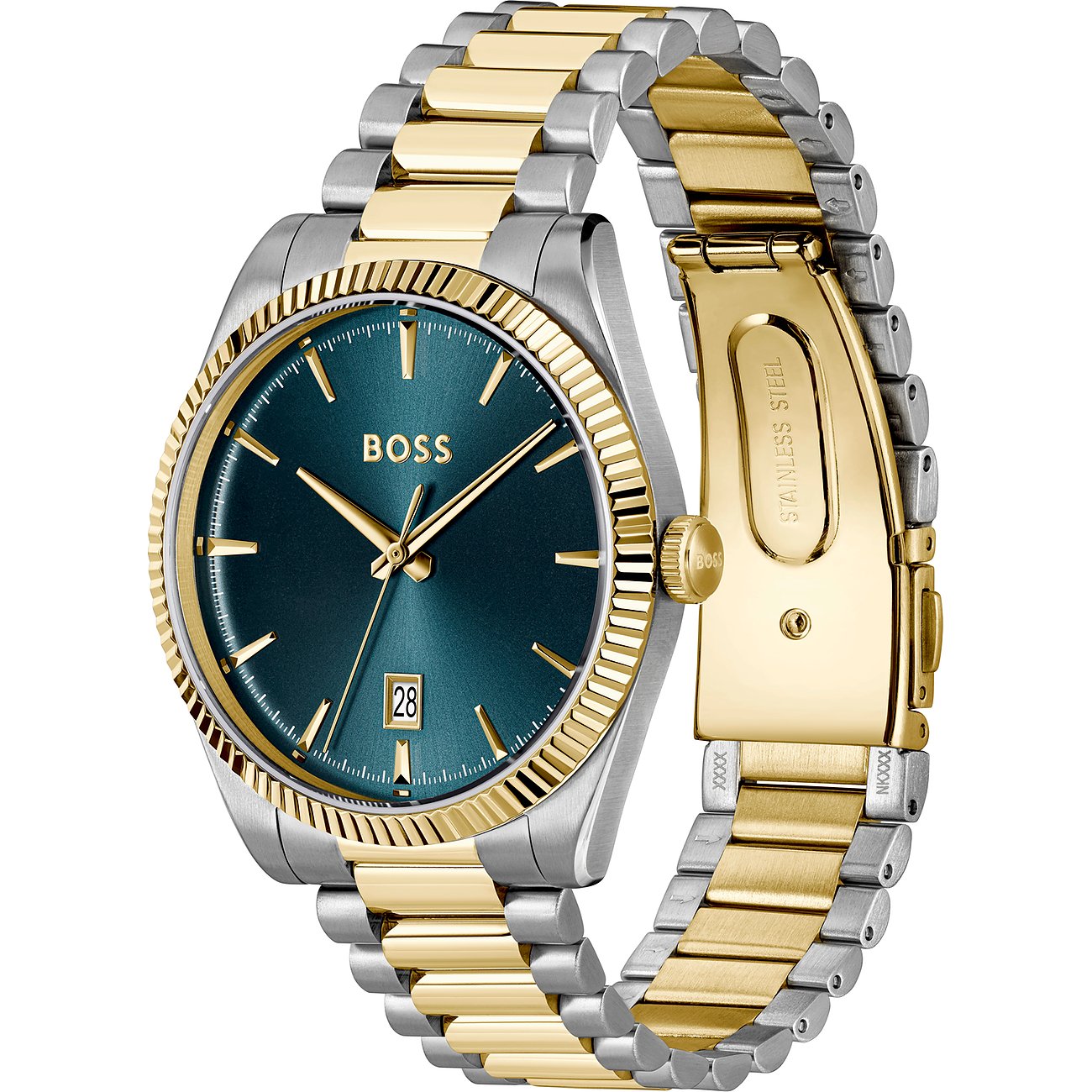 Boss Herrenuhr aus Edelstahl mit goldenen Akzenten und türkisem Zifferblatt, schräg von oben rechts.
